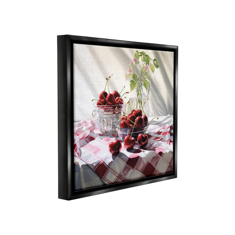 "Cherries and Botanicals" par RB sur toile, Cadre flottant noir de jais, H 18 po x l 18 po