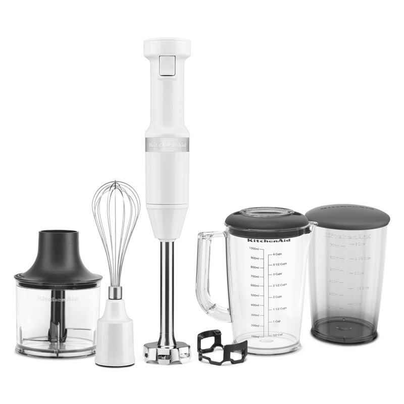 Mélangeur à immersion manuelle à vitesse variable KitchenAid avec bras amovible de 8 po, fouet, hachoir et pot de mélange en blanc