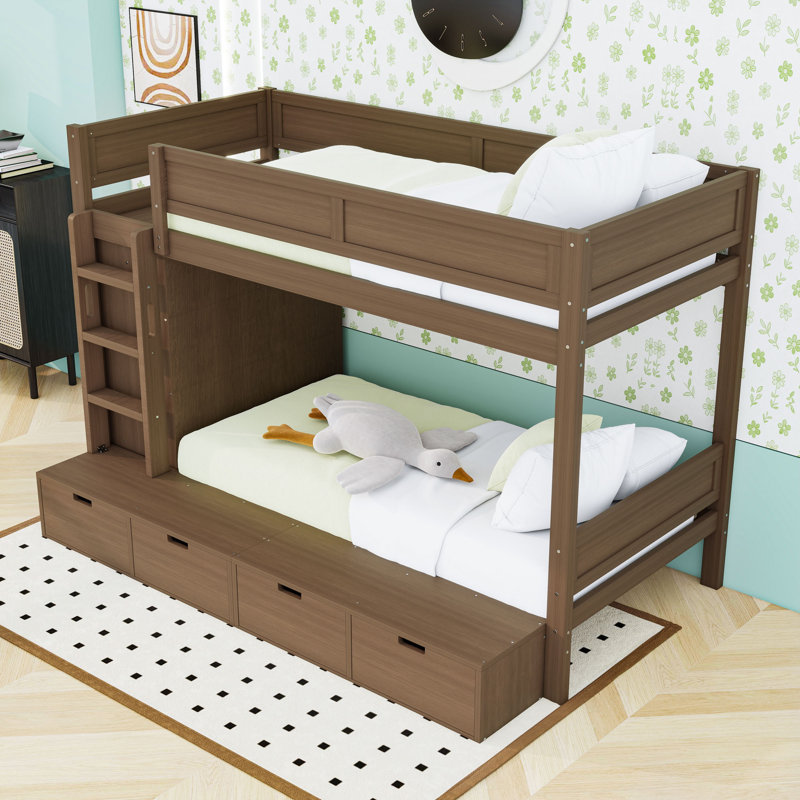 Lit superposé simple en bois avec 4 tiroirs et garde-robe, Brown