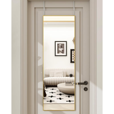 Miroir à hauteur réglable au-dessus de la porte de 14 po x 48 po, miroir suspendu rectangulaire en verre trempé incassable et cadre en alliage d'aluminium pour dortoir, chambre à coucher, salle de bain, doré