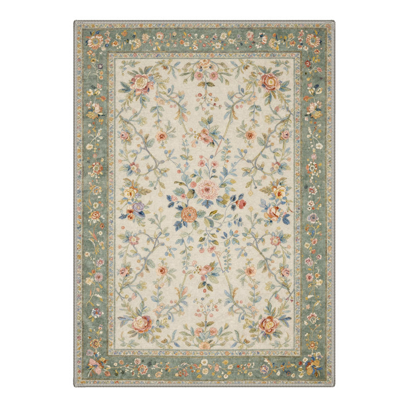 Verdante Vintage Machine Washable Green / Beige Indoor Area Rug with Non-Slip Backing, Rectangle 6' x 9'