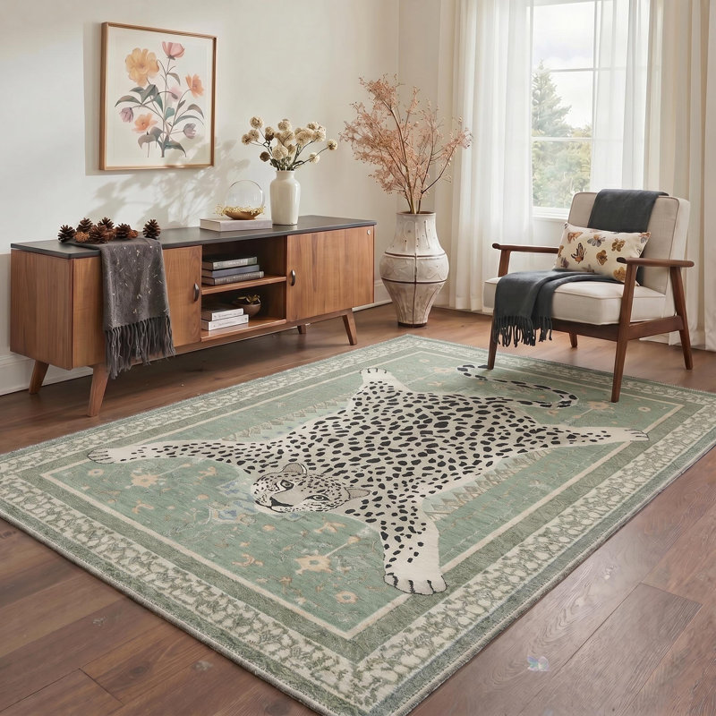 Tapis vert à imprimé léopard Alinda, Sage Green, Rectangle 9 pi x 12 pi