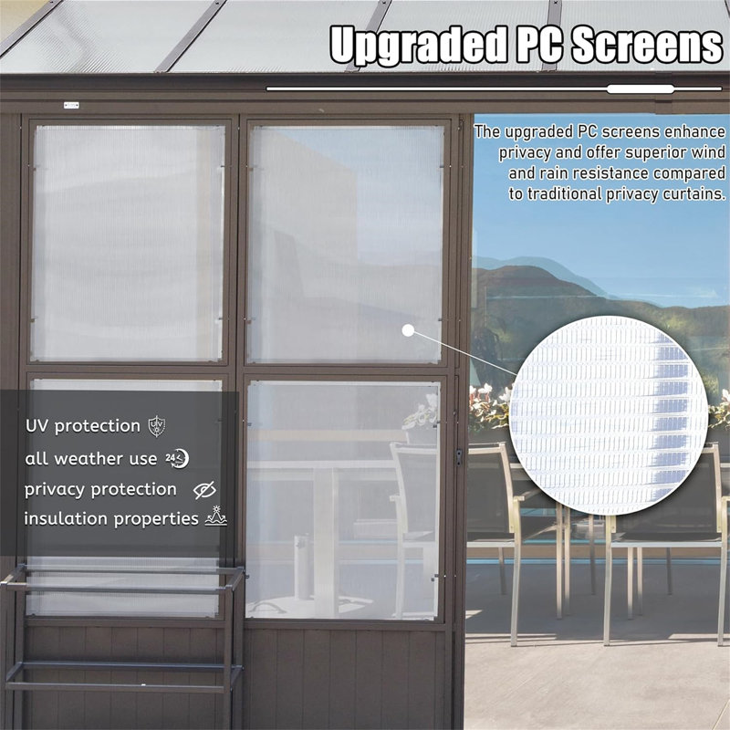 10X14ft All Season Sunroom, Outdoor Permanent Wall Mounted Solarium With Detachable Polycarbonate Windows, Aluminum Lean To Gazebo Sun Room With 2 Lockable Sliding Doors For Garden Patio Deck