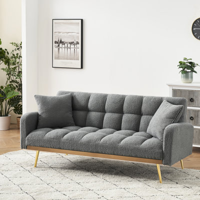 Lit gris de 69 po avec fonction réglable pour petit salon et chambre à coucher - structure de siège en bois massif avec 2 coussins décoratifs