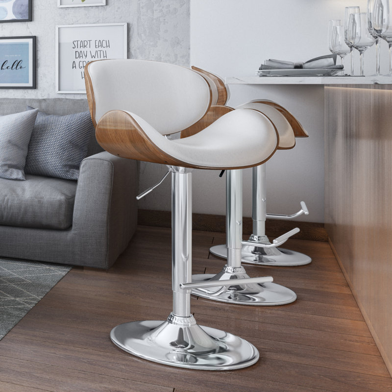 Marana Adjustable Swivel Upholstered Mid-Century Modern Bar Stool with Bentwood Frame, Vegan Faux Leather-White