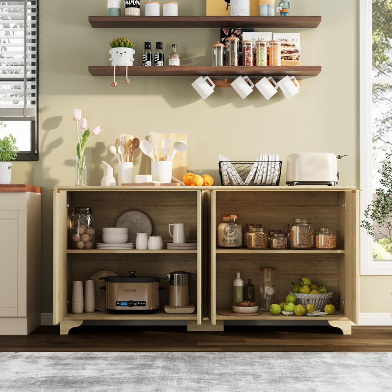 Lark Manor™ 61" Large Buffet Sideboard Cabinet With 4 Fluted Doors And Storage, Modern Kitchen Storage Cabinet With Adjustable Shelves, Farmhouse Coffee Bar Cabinet For Kitchen, Living Room