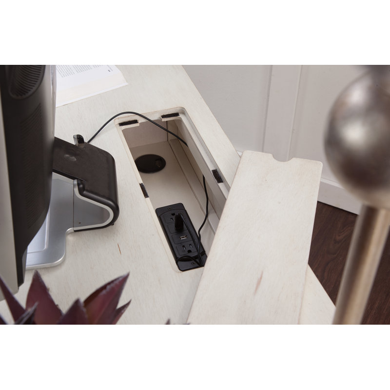 Ilfracombe Solid Wood Writing Desk with Power Outlet, Antique Cobblestone White