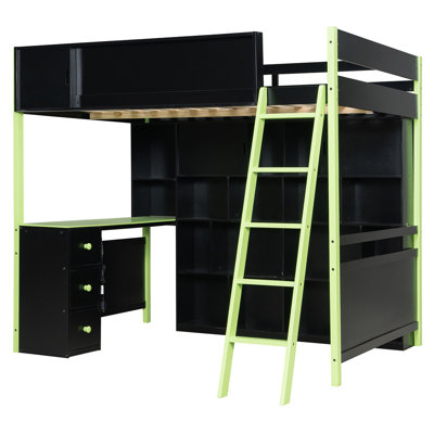 Lit mezzanine double en bois avec bureau, grand espace de rangement et lumière