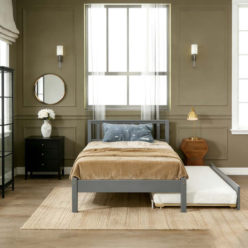 Lit simple avec lit gigogne, cadre de lit plateforme avec tête et pied de lit, gris