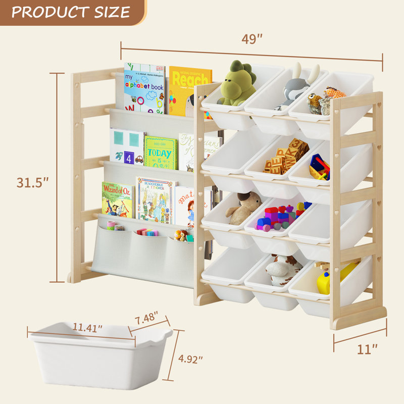 Grand organisateur de rangement pour jouets avec 12 paniers à jouets, organisateurs de jouets et rangement avec bibliothèque à 4 niveaux pour chambre d'enfant, salle de jeux, chambre de bébé