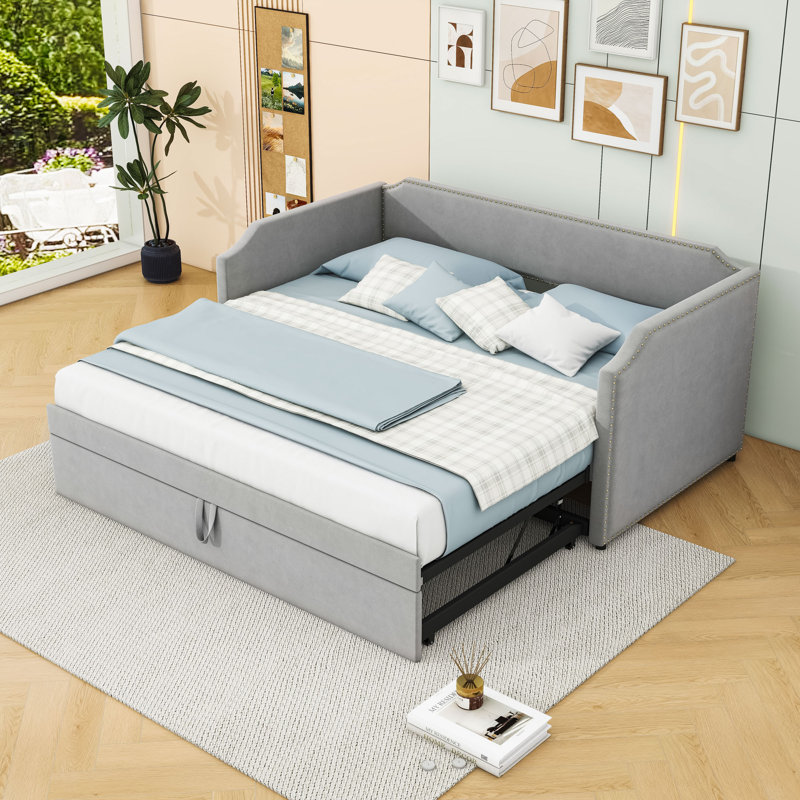 Twin-Size Upholstered Daybed with Pop-Up Twin Trundle, Gray