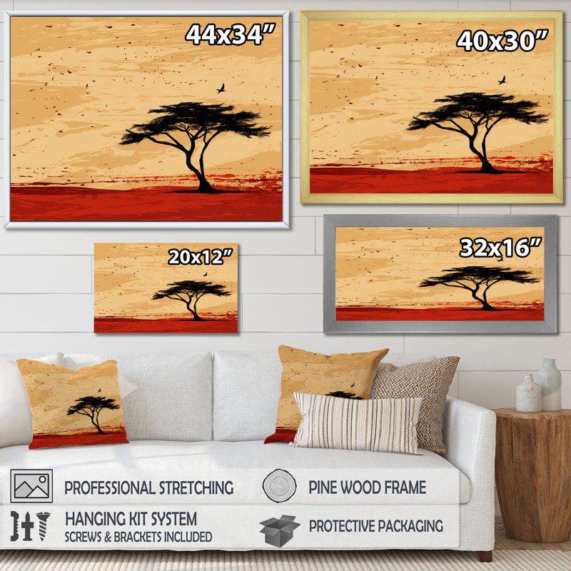 Arbre africain harmonieux 1 - Art mural africain, Cadre flottant noir, H 24 po x l 32 po x P 1 po
