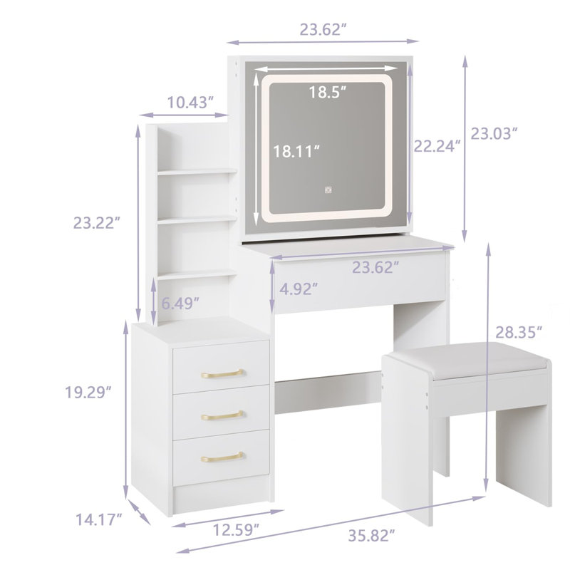 White Vanity Desk With Mirror And Lights,Makeup Dressing Vanity Table Set With 4 Large Drawers,Bedroom Set With Vanity Mirror 3 Lighting Color Adjustable,White