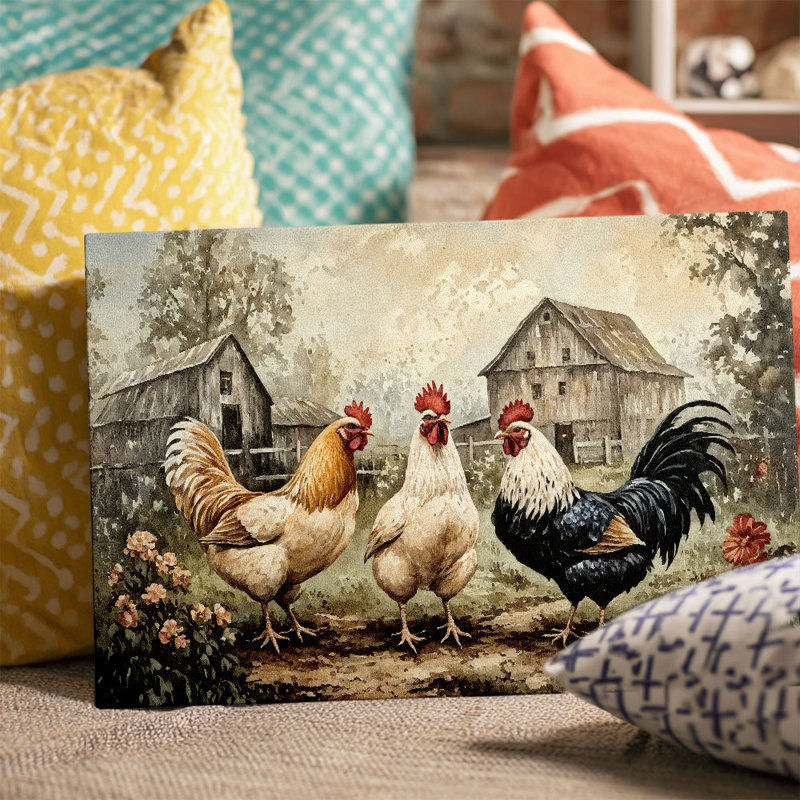 «Vintage Farm Roosters», art mural sur toile tendue (scène de grange rustique), 32 * 24 pouces (80 * 60 * 2cm)