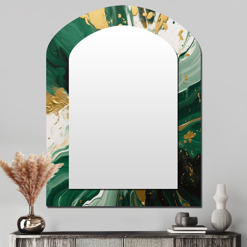 Green and Gold Liquid Magic I - Abstract Asymmetrical Decorative Wall Mirror, Modern Arch Mirror, Printed Metal Art