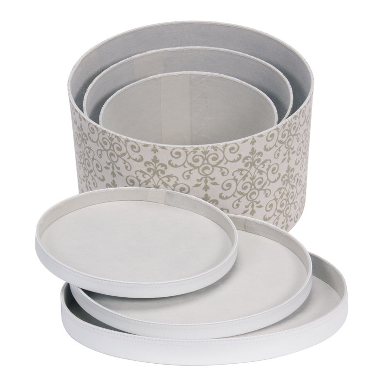 Boîtes à chapeaux rondes 3 pièces avec couvercles à imprimé festonné et similicuir, Olive