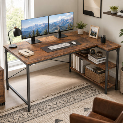 Bureau en coin réversible en forme de L de 39 pouces avec tablettes de rangement, idéal pour écrire ou étudier au bureau, brun rustique