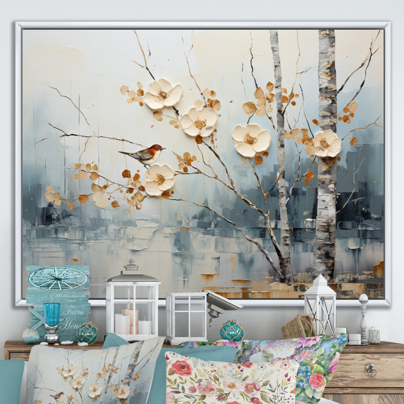 Birch Woods Ethereal Elegance II - Imprimé, Cadre flottant blanc, H 34 po x l 44 po x P 1,5 po