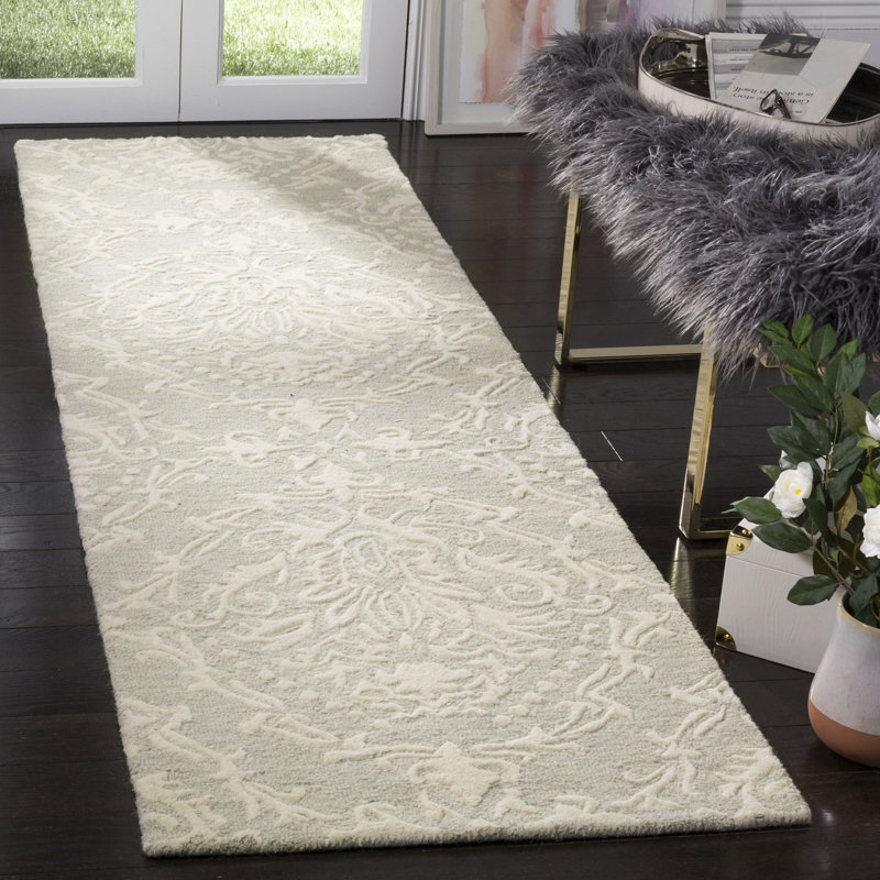 Tapis sauge / ivoire en laine touffeté à la main Ferrera, Tapis de couloir 2 pi 3 po x 8 pi