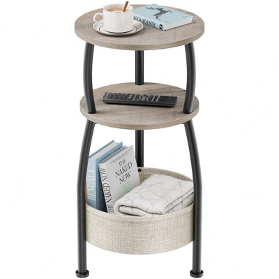 3 Tier Round Bedside Table With Fabric Basket, Coffee Table For Living Room, Small Space, Easy Assembly