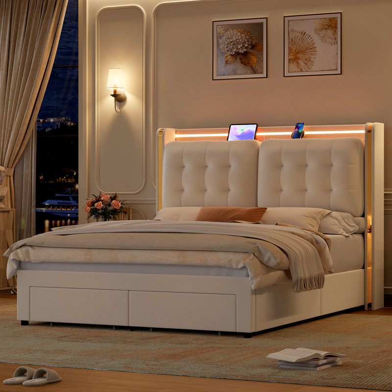 Velvet Upholstered Storage Bed With LED Lights & Charging Station, Queen