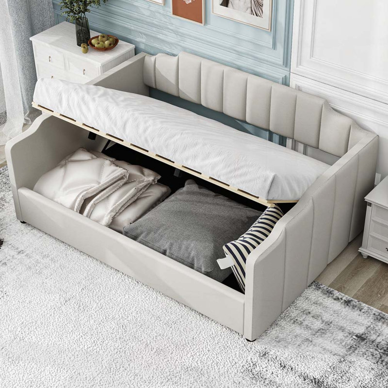 Lit de jour rembourré avec rangement inférieur, Beige, Lit double