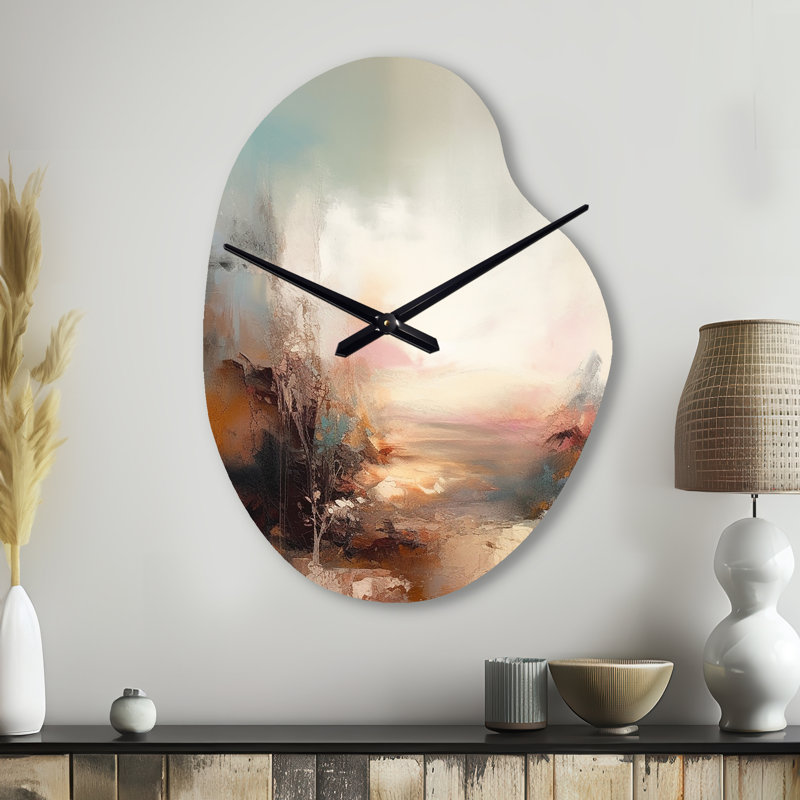 Nature abstraite brune I - Horloge de paysage en métal, horloge murale moderne de forme irrégulière, Grand