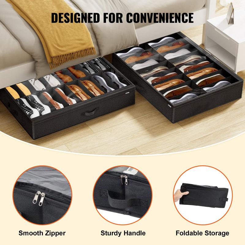 Under Bed Shoe Storage Organizer, Set Of 2, Total 32 Compartments, Underbed Shoes Closet Storage Solution With Clear Window, Breathable, Foldable Fabric Container Box With Reinforced Handles