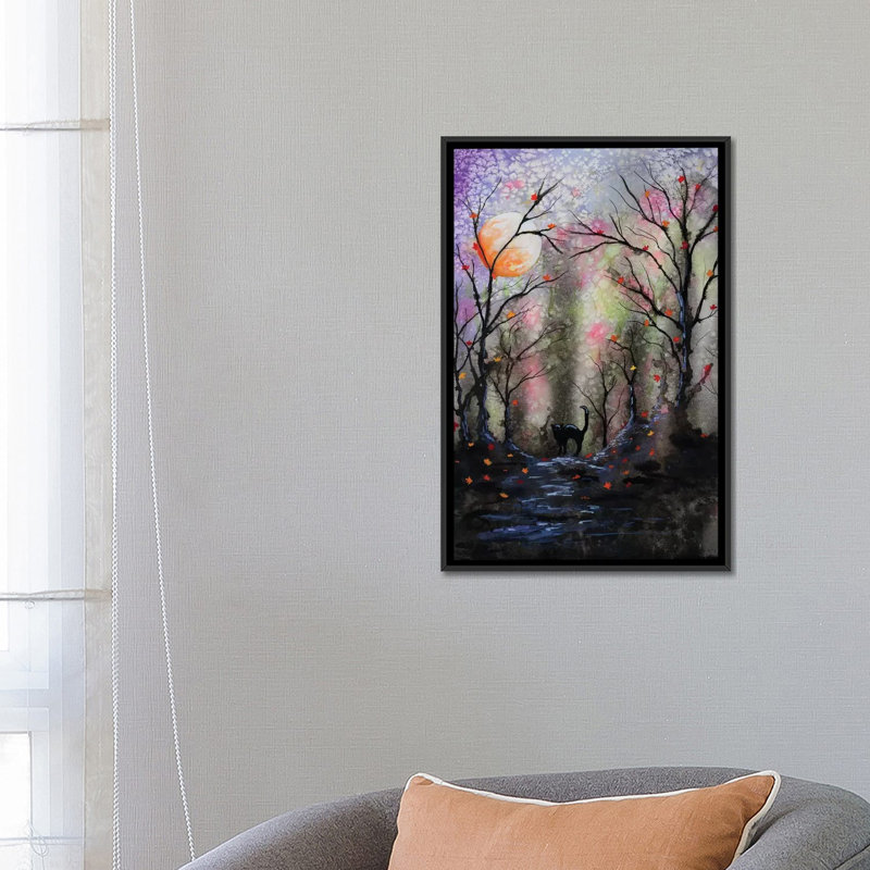 «Black Cat in Forest», impression sur toile, H 26 po x l 18 po x P 1,5 po, Toile avec cadre noir, Pas de tapis