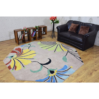Styles Hand Tufted Wool Eco-Friendly Area Rugs - Octagon, Camel Color, Floral Modern Design, High Pile Thick Handmade Anti Skid Area Rugs for Living Room, Bed Room