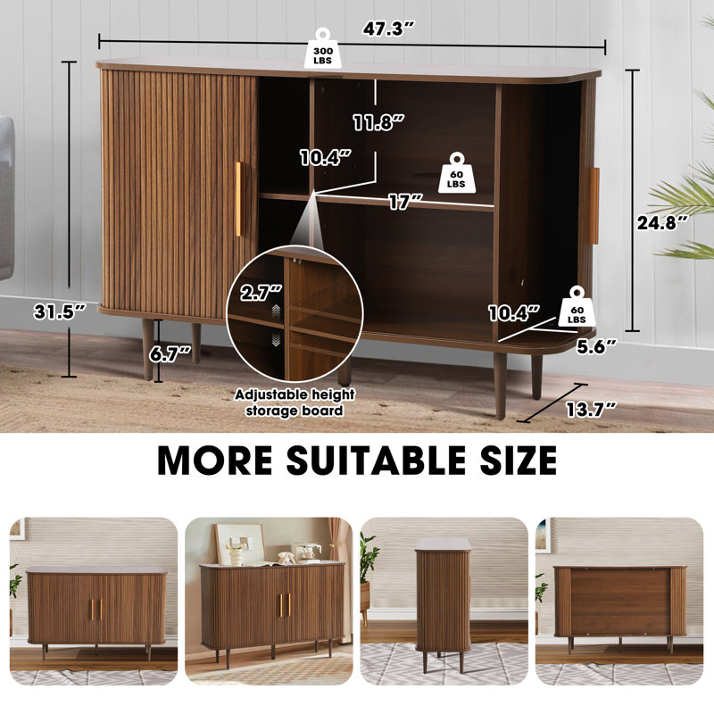 Brown Oak Grain 47" Sideboard Buffet Cabinet with Fluted Sliding Doors