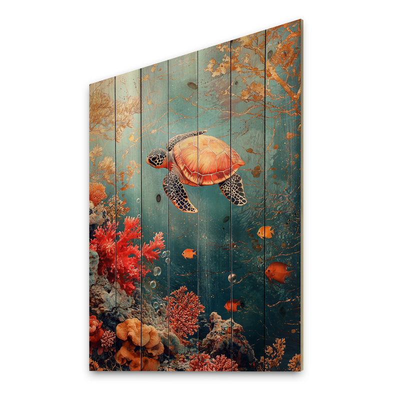 Aquarium, tortue, corail, sanctuaire IV - reproduction de bois animal tortue - sur bois de pin naturel