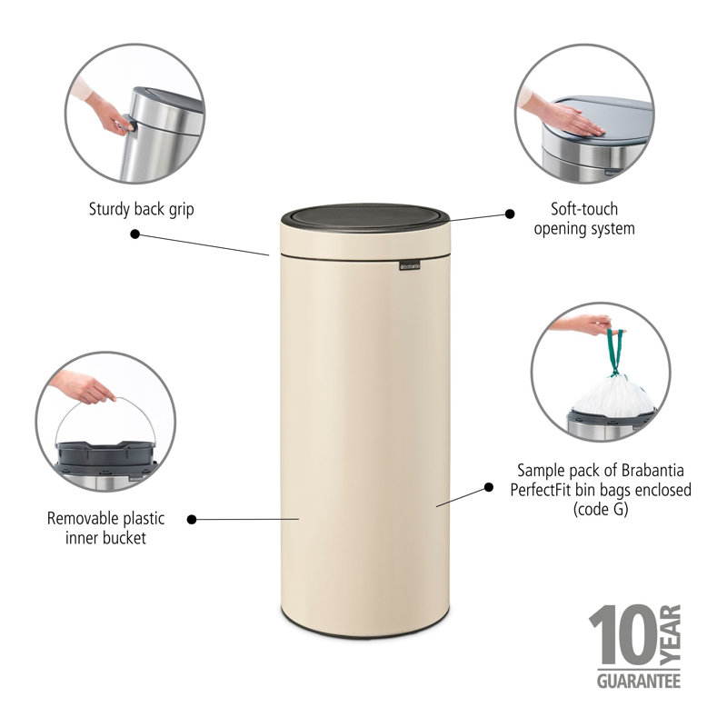 Brabantia 30 Litre Touch Bin, Soft Beige