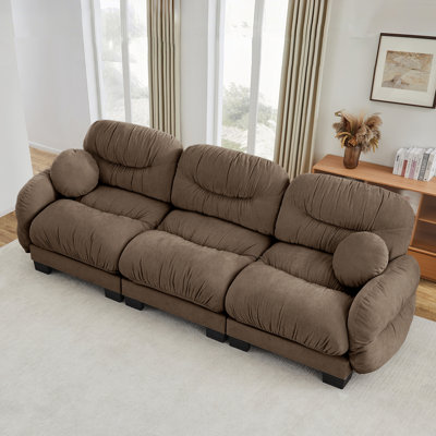 Canapé modulaire confortable en chenille plissé 3 places avec siège ergonomique en mousse haute densité, accoudoirs arrondis arrondis et 2 coussins décoratifs ronds