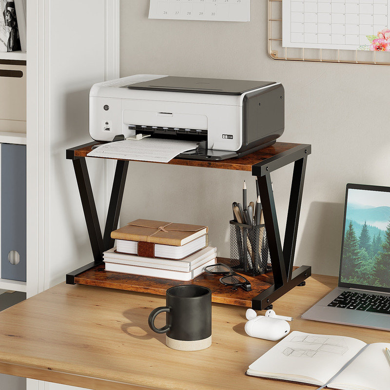 17.3" Printer Stand 2 Tier Desktop Organizer Storage Shelf Metal Frame, Brown