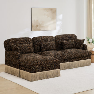Canapé en L 100 po à imprimé léopard confortable en chenille, bord à pampille délicat, repose-pieds mobile, style moderne, dossier et siège ergonomiques, assemblage facile, siège profond pour le salon