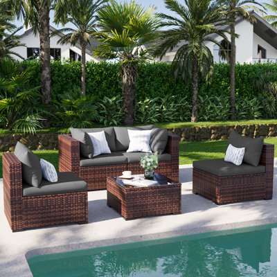 Modular Brown PE Rattan Outdoor Conversation Sets, 5 Piece Patio Furniture Set with Steel Frame, Sectional Outdoor Patio Sofa with Coffee Table for Backyard Balcony Deck
