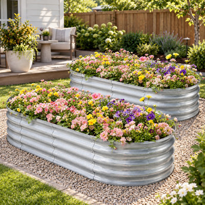 2 Pack Silver Corrugated Metal Raised Garden Beds, Galvanized Steel Planter Boxes for Vegetables, Herbs & Flowers
