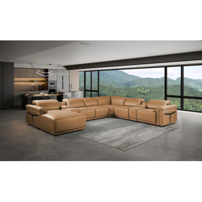 Canapé modulaire cognac 8 pièces en cuir italien fleur de mouton avec 2 fauteuils inclinables électriques et appuie-tête réglables Cognac