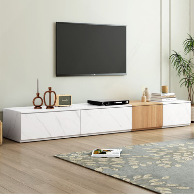 TV Stand With Walnut Wood Grain Finish For Tvs Up To 88", Modern Free-Combination Entertainment Center With 4 Storage Drawers, White