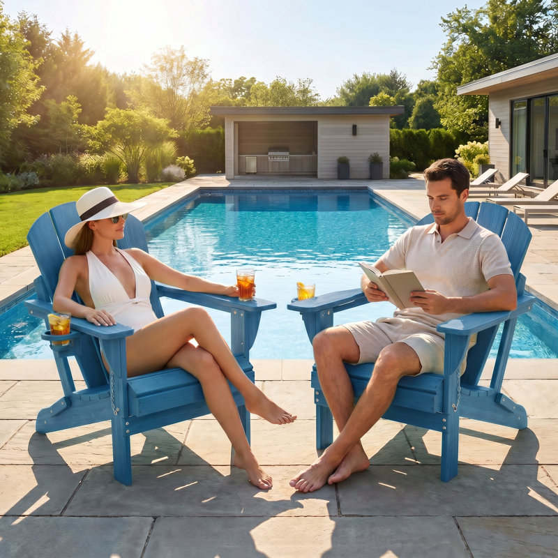 Outdoor Adirondack Chair Set Weather-Resistant HDPE Foldable Patio Chair Fire Pit Chair with Cup Holder, Navy Blue