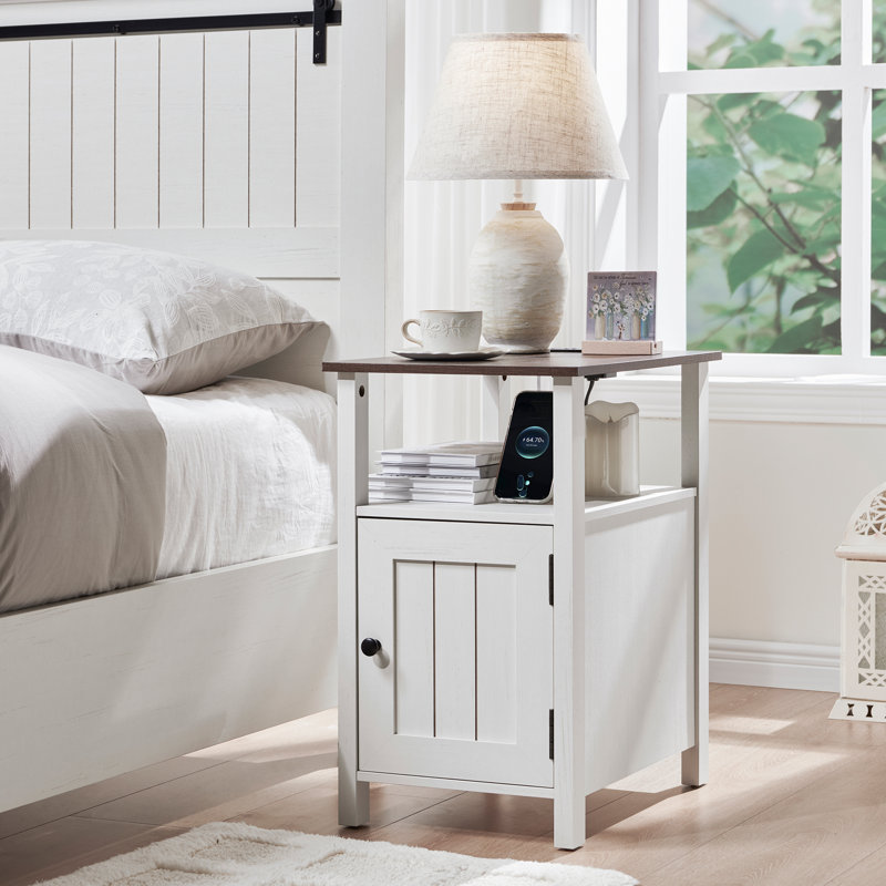 Nightstand  with Charging Station, w/Storage Space, with Groove Barn Door & Open Shelves for Bedroom, White