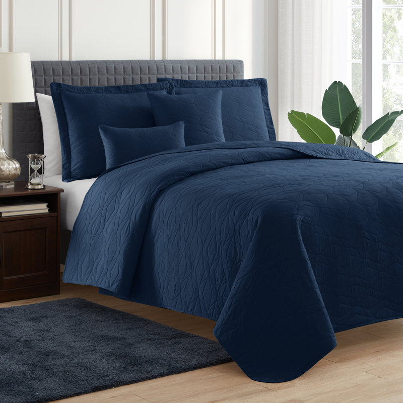 Ensemble de courtepointe réversible en microfibre Ellipse Wave, Bleu marine, Courtepointe simple + 3 taies décoratives
