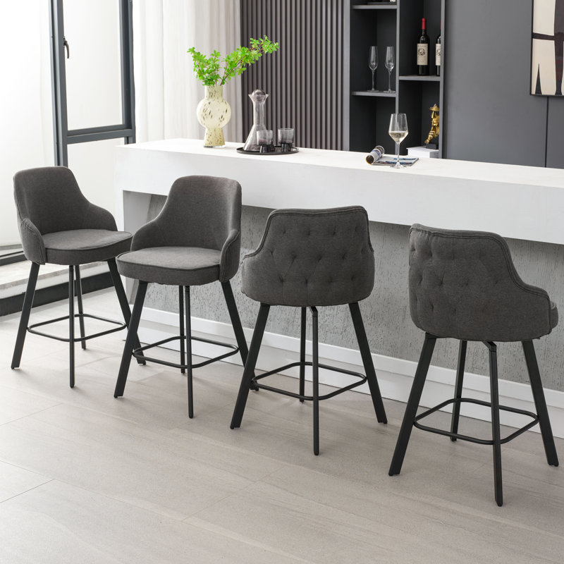 Tabourets de comptoir pivotants en lin rembourrés avec dossier haut (ensemble de 2), Gris, 2