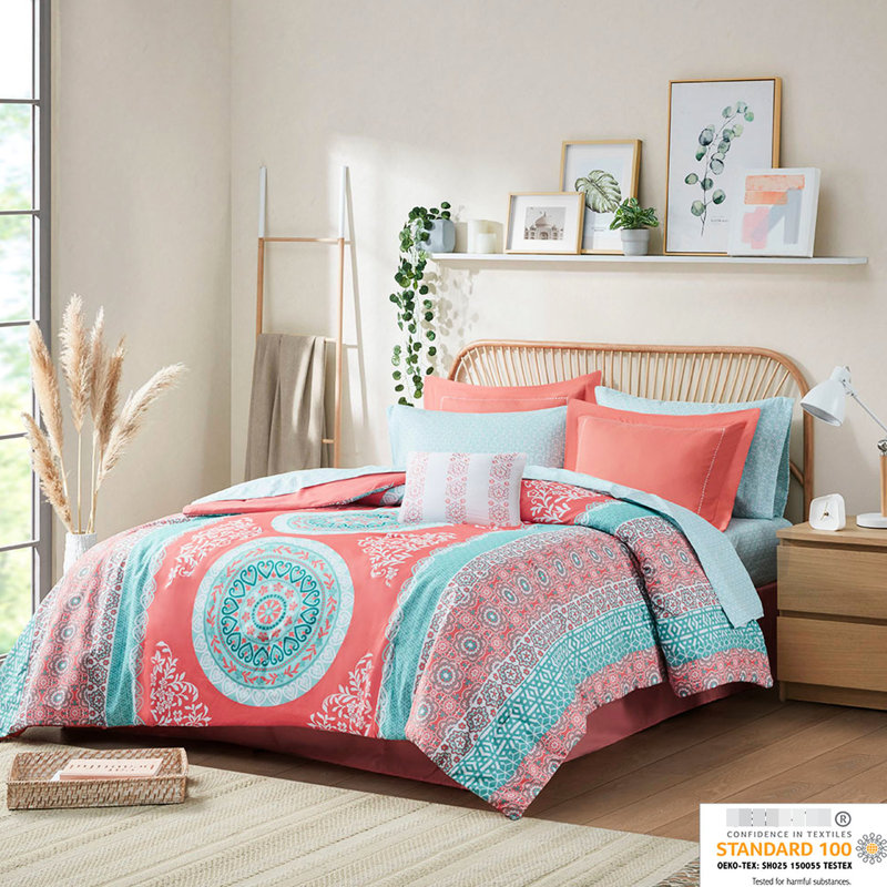 Édredon pour lit simple avec draps - thème médaillon corail, taies décoratives brodées, taille de l'addition de la chambre à coucher et décor de drap, literie de qualité