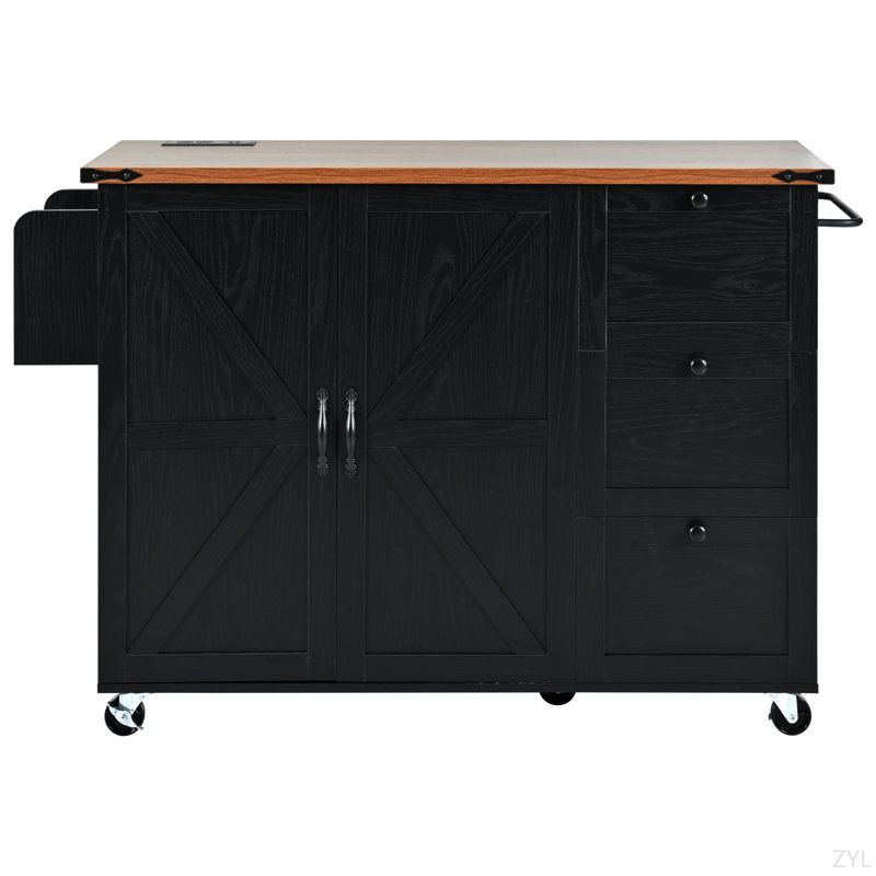K&K 54.5" Farmhouse Kitchen Island With Power Outlet, Kitchen Storage Island  With Internal Storage Rack, Drop Leaf, Spice Rack, Rolling Kitchen Cart On Wheels, For Home, Kitchen And Dining Room