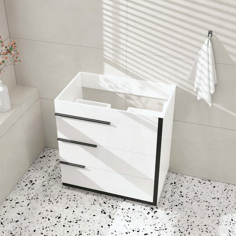 Meuble-lavabo de salle de bain autoportant seulement, avec trois tiroirs à fermeture douce et poignées métalliques personnalisables, blanc et noir