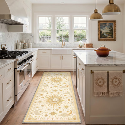 Machine Washable Starburst Ivory / Gold Runner With Non-Slip Backing