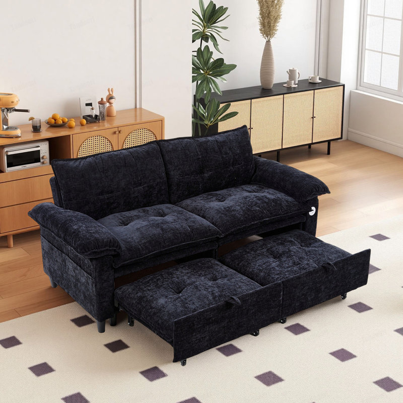 Canapé-lit convertible en velours avec matelas dépliable, Velours - noir