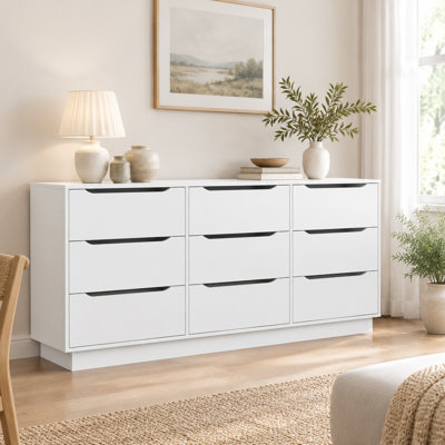 Commode à 9 tiroirs pour chambre à coucher avec tiroirs profonds, grande commode en bois massif et commode longue blanche moderne pour garde-robe ou salon